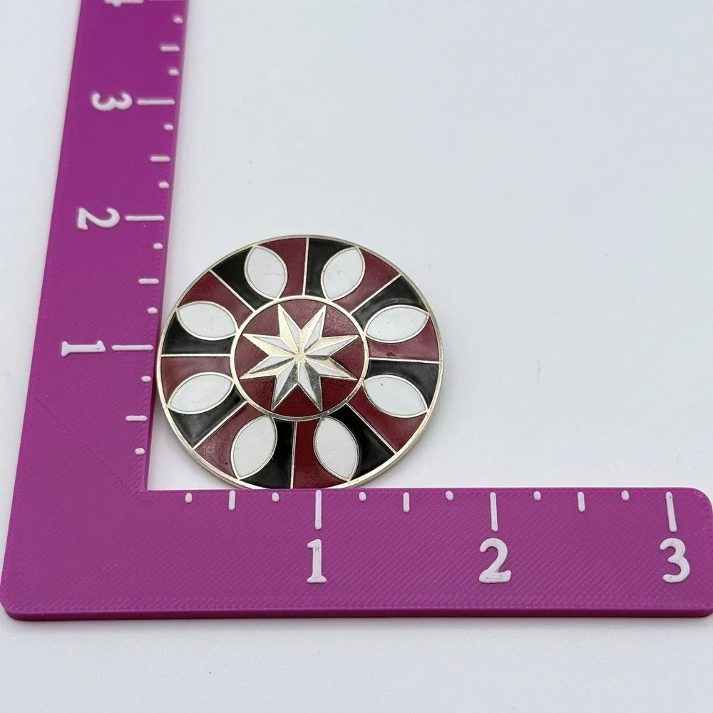 Vintage Enamel Geometric Starburst Brooch Red Black White Round 1.75